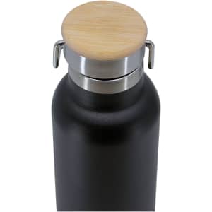 A drink bottle featuring a black stainless steel body, a wooden lid, and a metal clasp for secure closure.