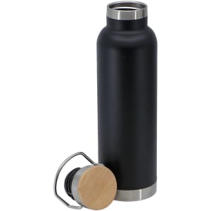 A drink bottle featuring a sleek black design with a wooden lid. It includes a metal base and a logo.