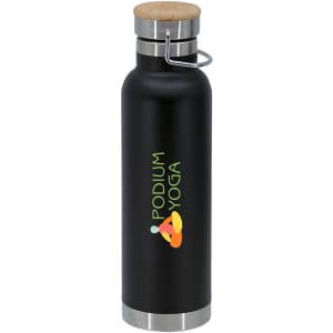 A drink bottle with a black finish, stainless steel base, and a wooden lid featuring a logo.