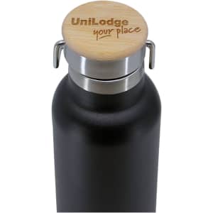A drink bottle in black with a silver lid and a wooden top featuring a logo.