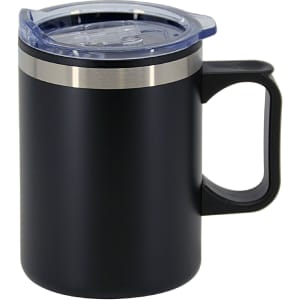 A double wall mug in matte black with a clear lid and stainless steel accent, featuring a sturdy handle.