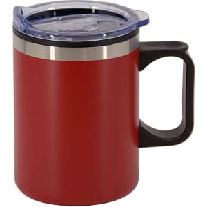 A red travel mug with a stainless steel band and a transparent lid, featuring a black handle.