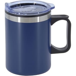 A double wall travel mug in navy blue with a stainless steel band and a clear plastic lid. Features a black handle.