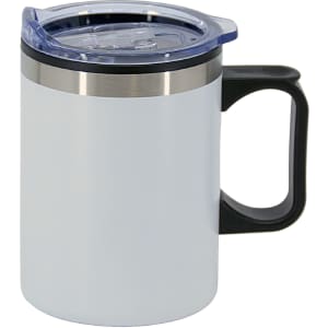 A double wall travel mug featuring a stainless steel band, white exterior, black handle, and clear lid.