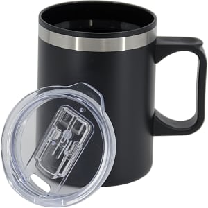 A black double wall travel mug with a silver band and a clear lid. It features a sturdy handle.