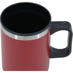 A travel mug in a vibrant red colour with a black interior and a sturdy handle. It features a silver accent band.