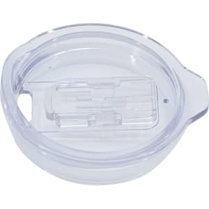 A plastic lid for a travel mug, featuring a clear, transparent design with a small opening and a slider mechanism.