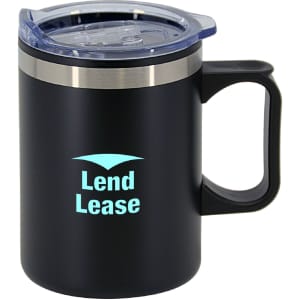 A black double wall travel mug with a silver band, featuring a transparent lid and a logo.