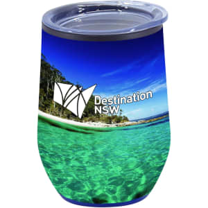 A travel mug in blue and green with a scenic beach design and a logo. Features a double wall for insulation.