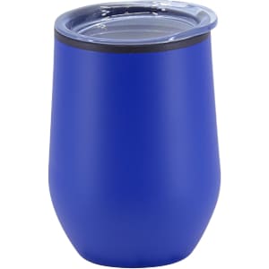 A double wall travel mug in vibrant blue, featuring a clear lid and a sleek design. It has a logo.