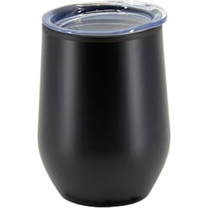 A double wall travel mug in matte black with a clear lid. Features branding on the side.