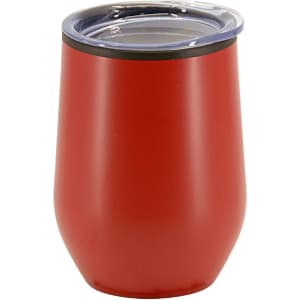 A travel mug in a vibrant red colour with a clear lid and a sleek, double wall design.