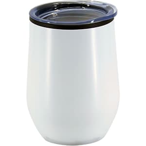 A double wall travel mug in white with a clear lid and a black accent band at the top. It features a logo.