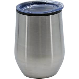 A stainless steel travel mug with a transparent lid and a silicone ring, featuring a sleek, brushed finish.