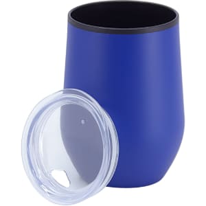 A travel mug in a vibrant blue colour with a clear lid. It features a smooth, double wall design and a logo.