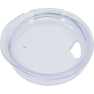 A clear, circular lid designed for a travel mug, featuring a small opening and a handle.
