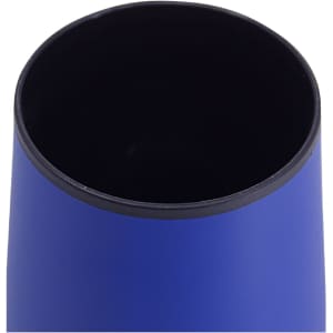 A blue double wall travel mug with a black interior and a simple design. It features a logo.