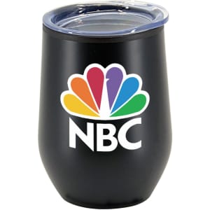 A black double wall travel mug featuring a logo and a transparent lid, suitable for beverages on the go.