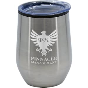A stainless steel travel mug with a clear lid and a logo on the front. It features a sleek, modern design.