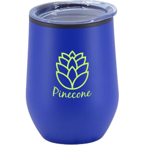A blue double wall travel mug with a clear lid and a logo featuring a pinecone design.