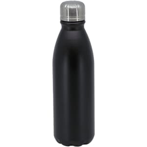 A drink bottle in matte black aluminium with a silver screw-on lid, featuring a logo.