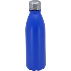 A drink bottle made of aluminium, featuring a blue matte finish and a silver screw-top lid. It has a logo on it.