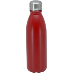 A drink bottle in vibrant red with a silver metal lid and a sleek, contoured design, featuring a logo.