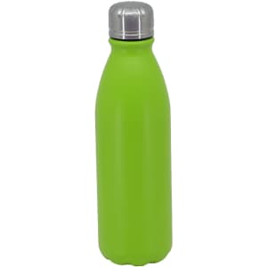 A drink bottle in vibrant green with a silver cap and a logo on the surface.