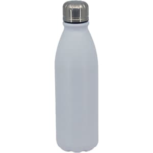 A drink bottle in matte white with a stainless steel lid and a simple logo. Ideal for hydration on-the-go.