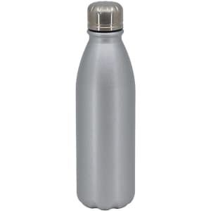 A drink bottle in matte silver aluminium with a silver screw-top lid and a logo.