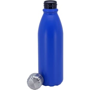 A blue aluminium drink bottle with a black screw-top lid, featuring a metallic base. It has a logo on the side.