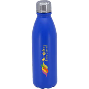 A drink bottle in blue aluminium with a silver cap, featuring a logo on the front.