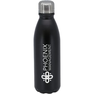 A drink bottle featuring a sleek black finish and a silver-cap, with a logo on the side.