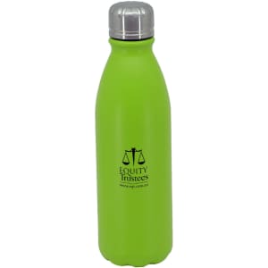 A drink bottle in vibrant green with a silver cap and a logo on the side.