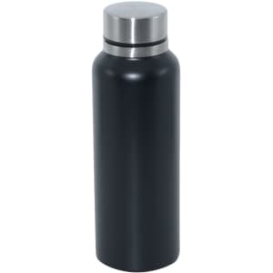 A drink bottle made of stainless steel features a sleek black body and a silver lid. It includes a logo.
