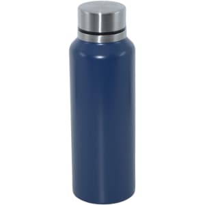 A drink bottle in navy blue with a stainless steel cap and a sleek design, featuring a logo on the surface.