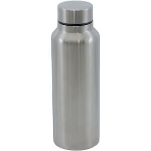 A drink bottle made of stainless steel, featuring a sleek silver finish and a round, flat cap.