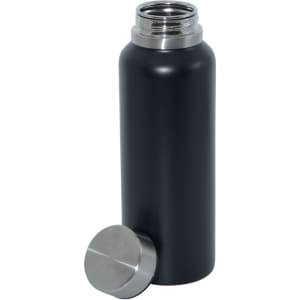 A drink bottle in matte black stainless steel with a silver metal lid, featuring a sleek design and a logo.