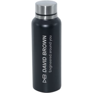 A drink bottle made of stainless steel in matte black, featuring a silver screw cap and branding.