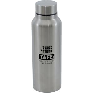 A drink bottle made of stainless steel, featuring a sleek silver finish and a logo.