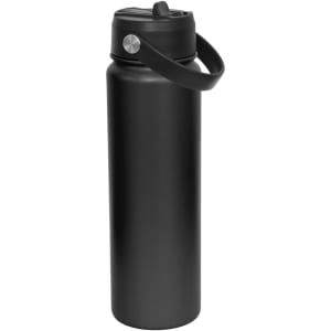 A drink bottle in matte black with a spout top and a carry handle, featuring a logo.