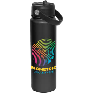 A drink bottle in black featuring a colourful fingerprint design and a screw-on lid with a carrying handle.