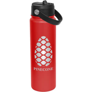A drink bottle in red with a black spout and cap, featuring a logo on the side.