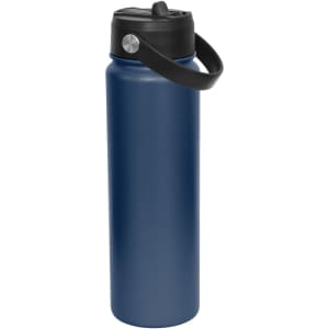 A drink bottle in navy blue with a black spout lid and a black carry handle. Features a logo.