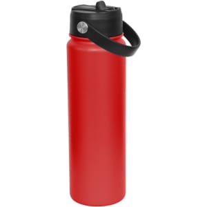 A drink bottle in vibrant red with a black spout and handle, featuring a sleek design and a logo.