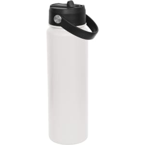 A drink bottle in white with a black screw lid and handle. It features a logo on the side.