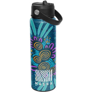 A drink bottle featuring a vibrant, multicoloured design with blue, purple, and orange patterns, and a black lid.