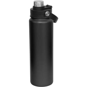 A drink bottle in matte black with a stainless steel screw cap and a handle. It features a logo on the side.