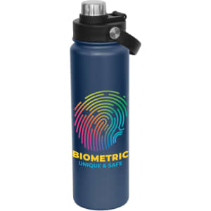 A drink bottle in navy blue with a screw cap and a branding logo featuring a colourful fingerprint design.