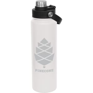 A drink bottle in white with a black screw cap and a logo featuring a pinecone design.